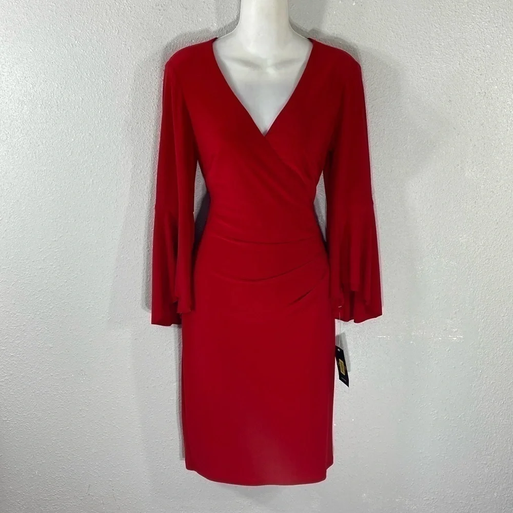 NWT Ralph Lauren red jersey faux wrap bell sleeve dress 6 AA30